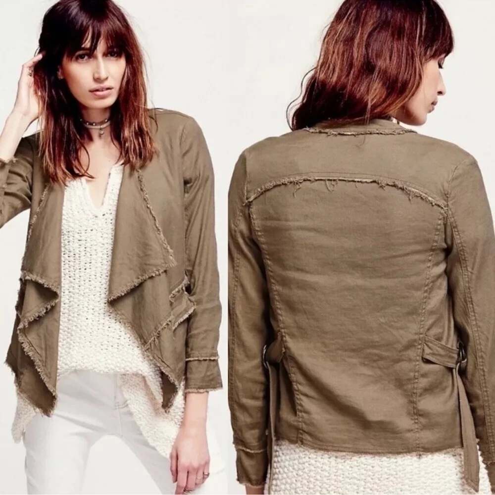Free People Tan Waterfall Open Front Linen Buckle Raw Femme Jacket Size M